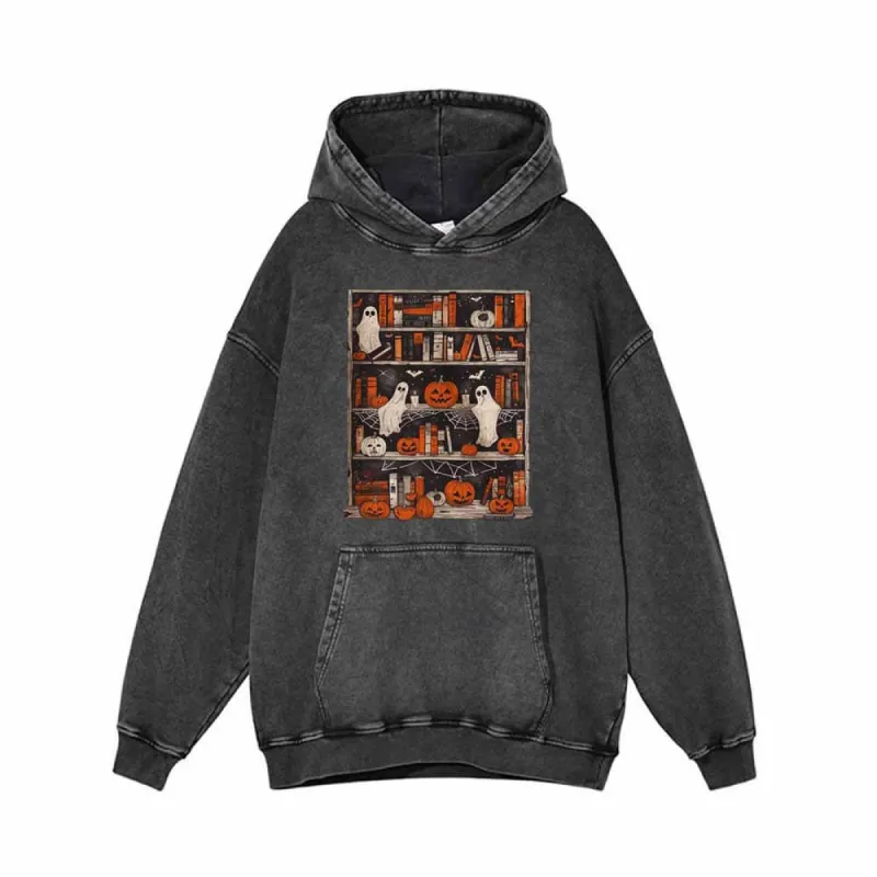 Pumpkin Head Ghost Bookshelf Vintage Washed Hoodie Sweatshirt sold by GTHIC