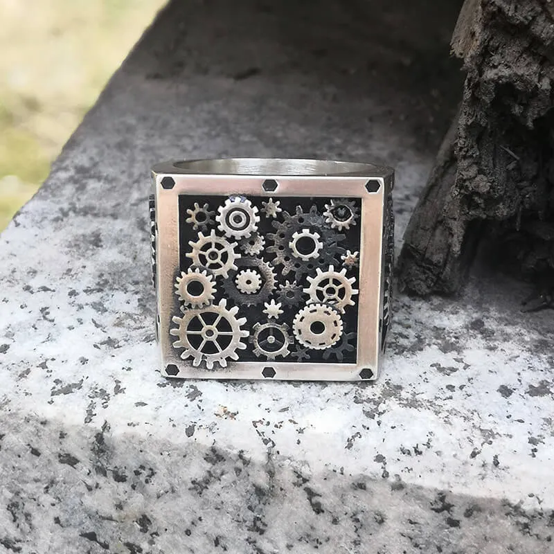 Steampunk Gear Sterling Silver Square Ring sold by GTHIC