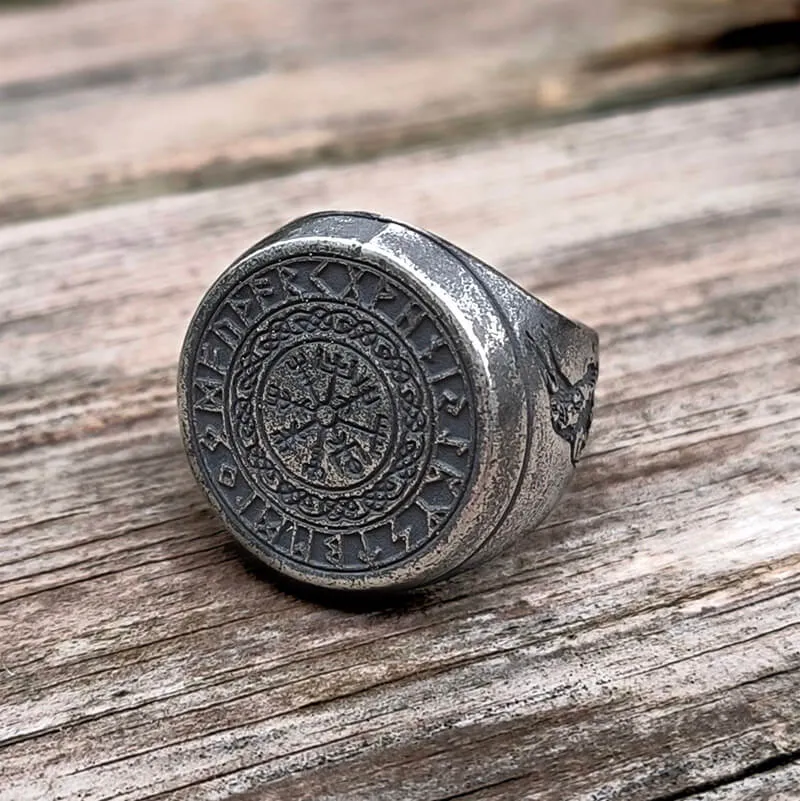Round Viking Runes Raven Stainless Steel Ring sold by GTHIC