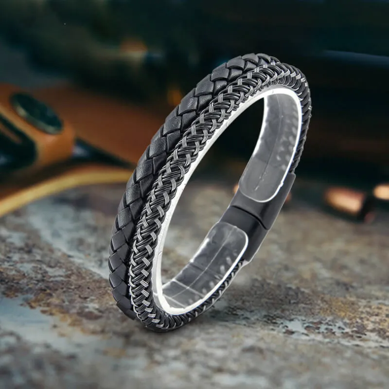 Double Braided Leather Stainless Steel Bracelet sold by GTHIC