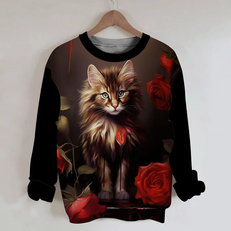 Gothic Cat Rose Print Round Neck Sweatshirt sold by GTHIC
