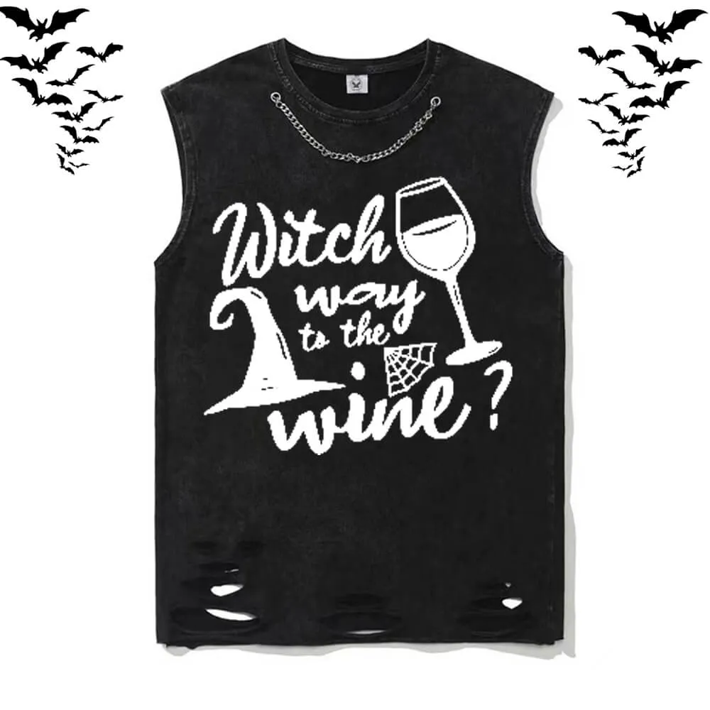 Funny Witch Wine Vintage Washed Cotton Vest Top sold by GTHIC