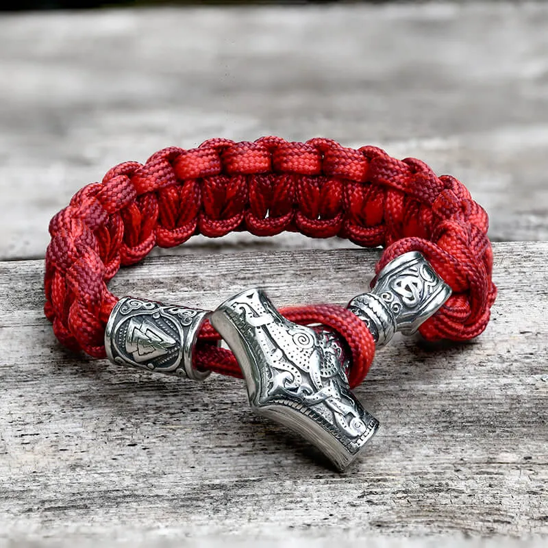 Red Thor’s Hammer Valknut Stainless Steel Paracord Bracelet sold by GTHIC