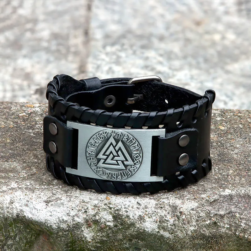 Runes Valknut Wristband Alloy Leather Viking Bracelet sold by GTHIC product image thumbnail 4