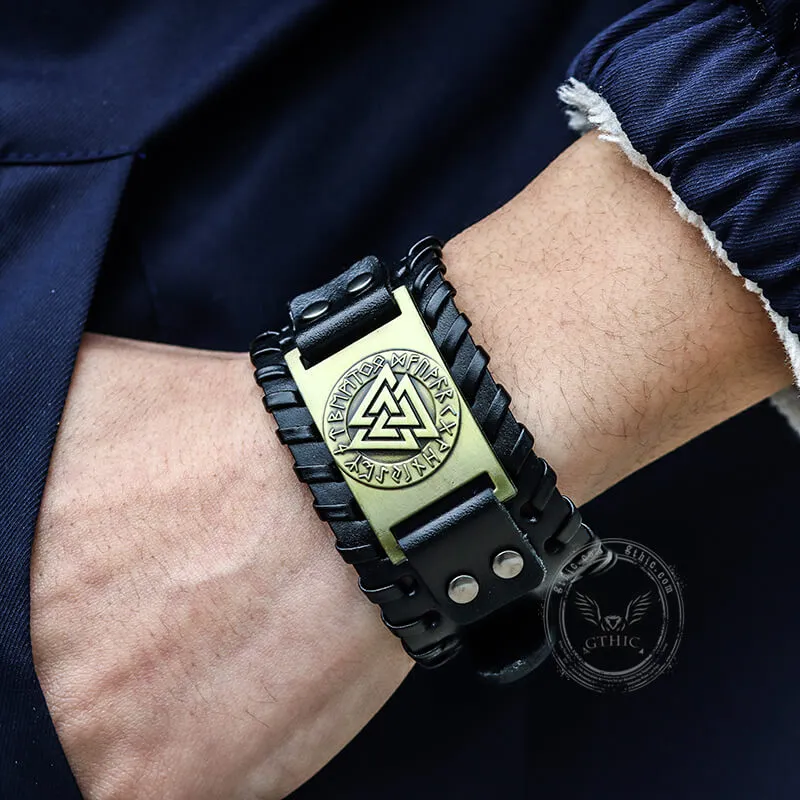 Runes Valknut Wristband Alloy Leather Viking Bracelet sold by GTHIC product image thumbnail 2