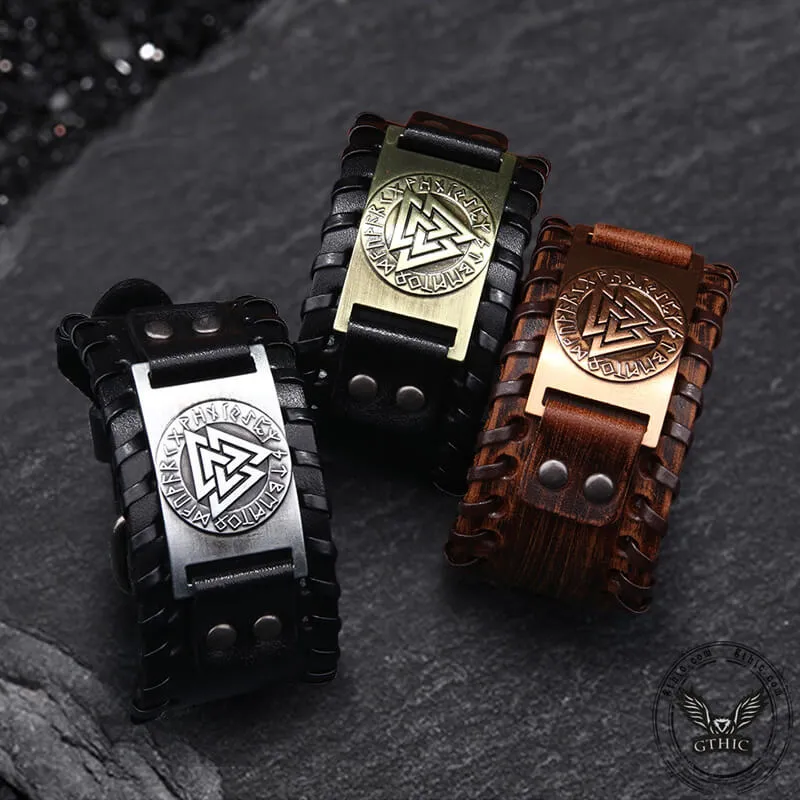 Runes Valknut Wristband Alloy Leather Viking Bracelet sold by GTHIC