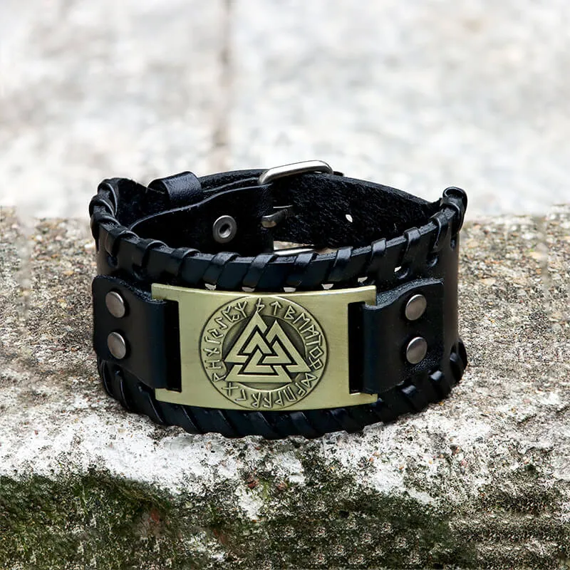 Runes Valknut Wristband Alloy Leather Viking Bracelet sold by GTHIC product image thumbnail 3