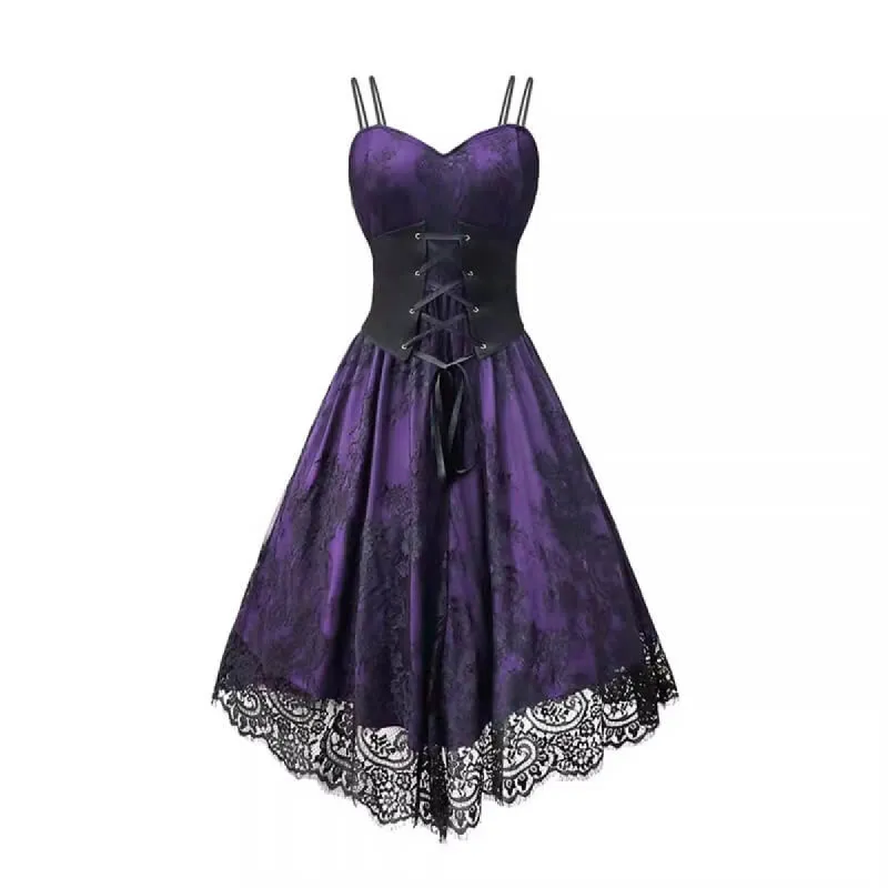 Gothic Purple Lace Patchwork Lace Up Dress sold by GTHIC