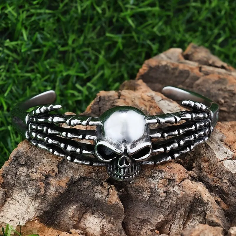 Punk Skeleton Hand Skull Head Stainless Steel Open Bracelet sold by GTHIC