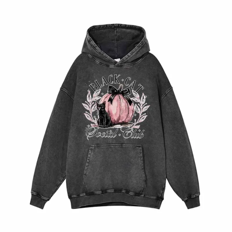 Black Cat Pink Pumpkin Club Vintage Washed Hoodie Sweatshirt sold by GTHIC
