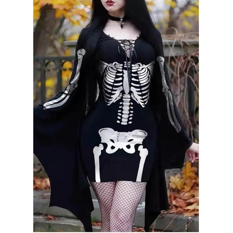 Gothic Skeleton Bat Sleeve Mini Dress sold by GTHIC