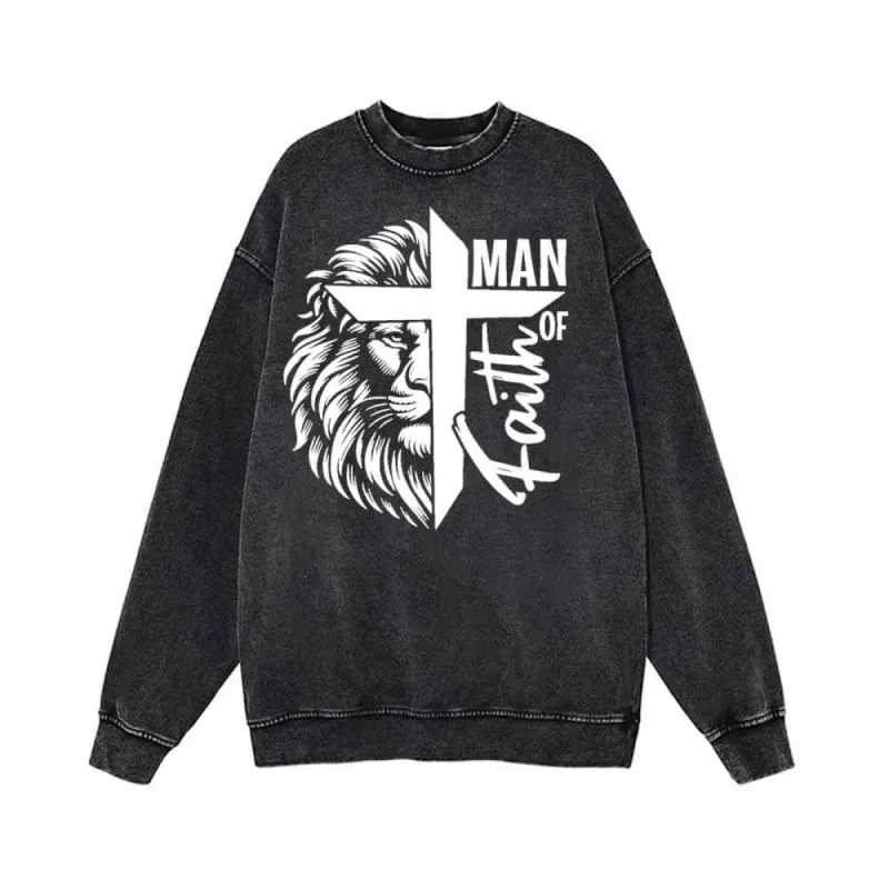 Man Of Faith Lion Print Vintage Washed Sweatshirt sold by GTHIC