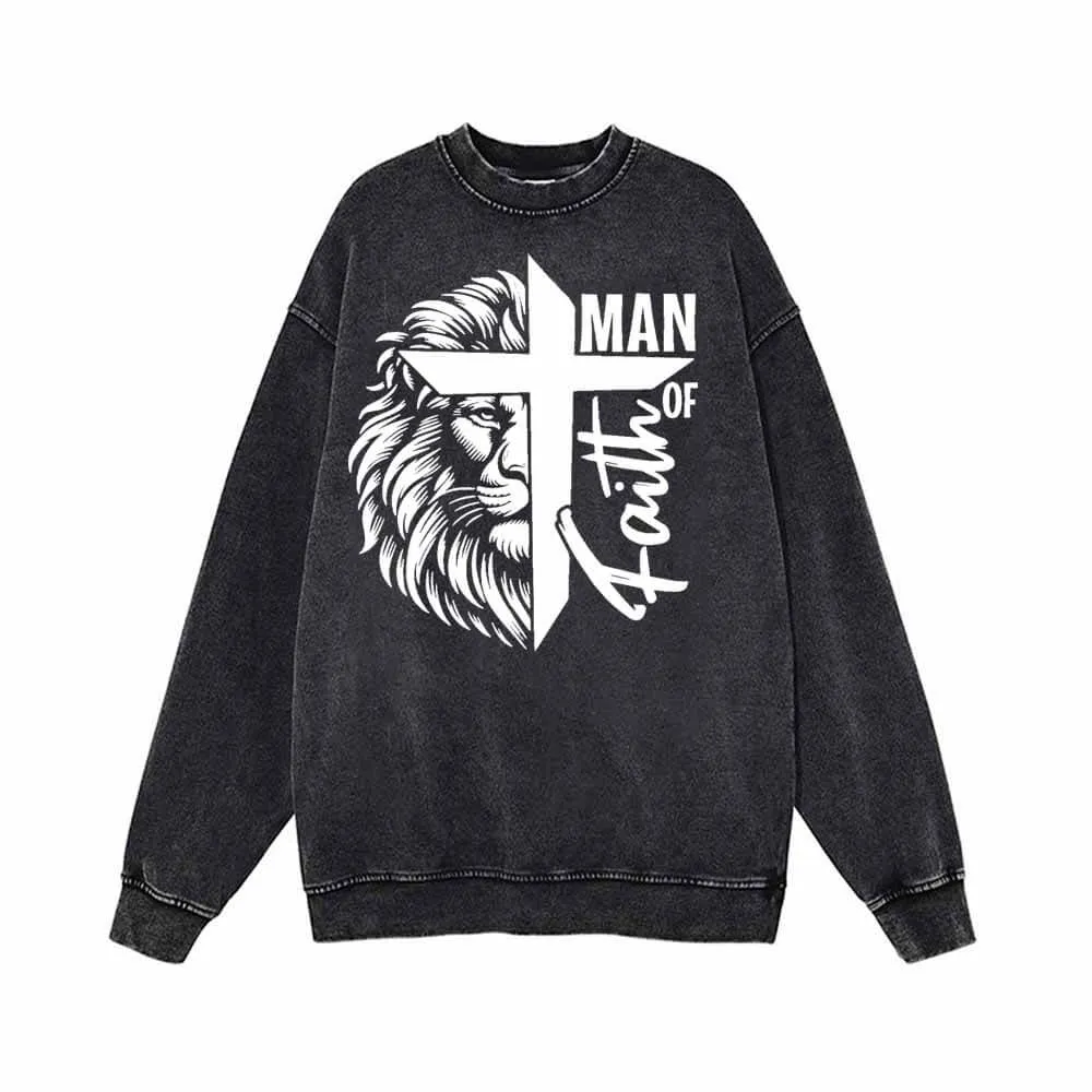 Man Of Faith Lion Print Vintage Washed Sweatshirt sold by GTHIC