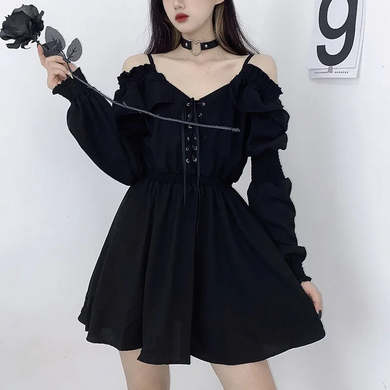 Gothic Black Off-Shoulder Lace Up Mini Dress sold by GTHIC