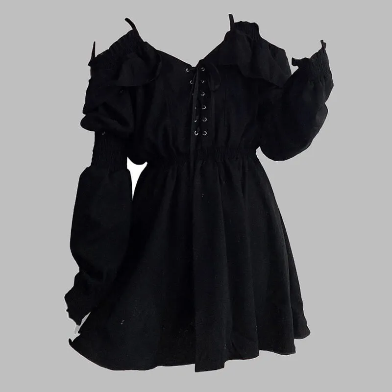 Gothic Black Off-Shoulder Lace Up Mini Dress sold by GTHIC product image thumbnail 4