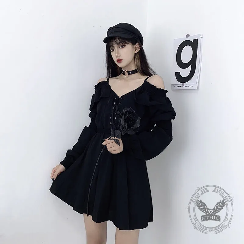 Gothic Black Off-Shoulder Lace Up Mini Dress sold by GTHIC product image thumbnail 2