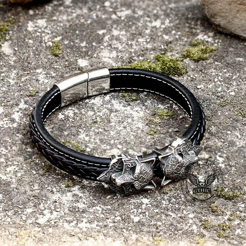 Nordic Wolf Stainless Steel Leather Viking Bracelet sold by GTHIC product image thumbnail 4