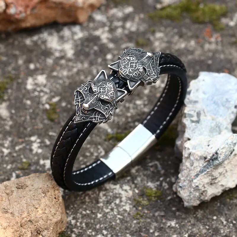 Nordic Wolf Stainless Steel Leather Viking Bracelet sold by GTHIC product image thumbnail 3