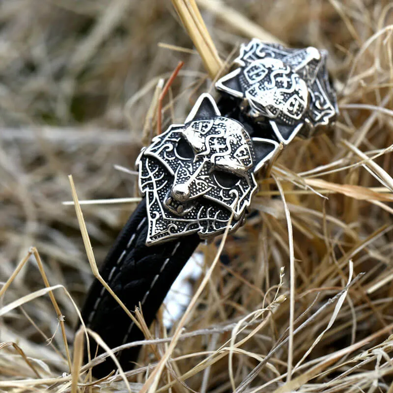 Nordic Wolf Stainless Steel Leather Viking Bracelet sold by GTHIC