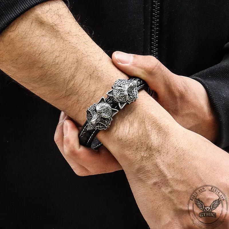 Nordic Wolf Stainless Steel Leather Viking Bracelet sold by GTHIC product image thumbnail 2