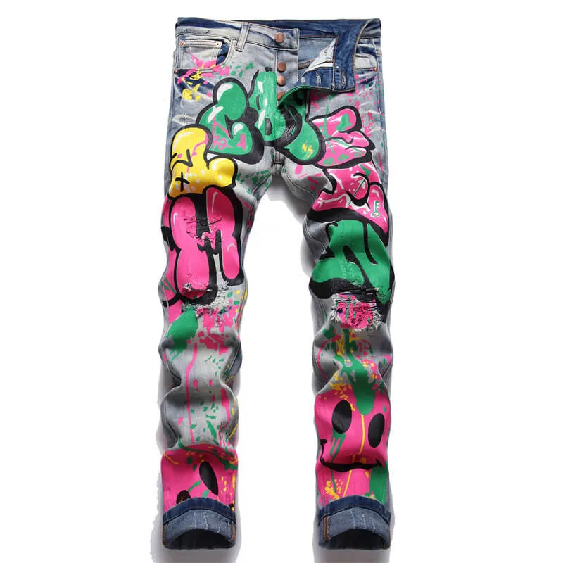Retro Blue Graffiti Printed Cotton Pants sold by GTHIC