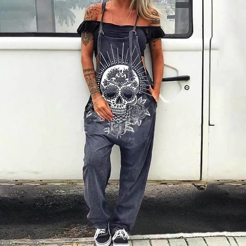 Skull Sunflower Print Women’s Overalls sold by GTHIC