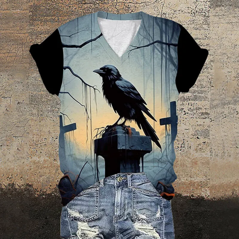 Gothic Raven Cross V-Neck Short Sleeve T-Shirt sold by GTHIC