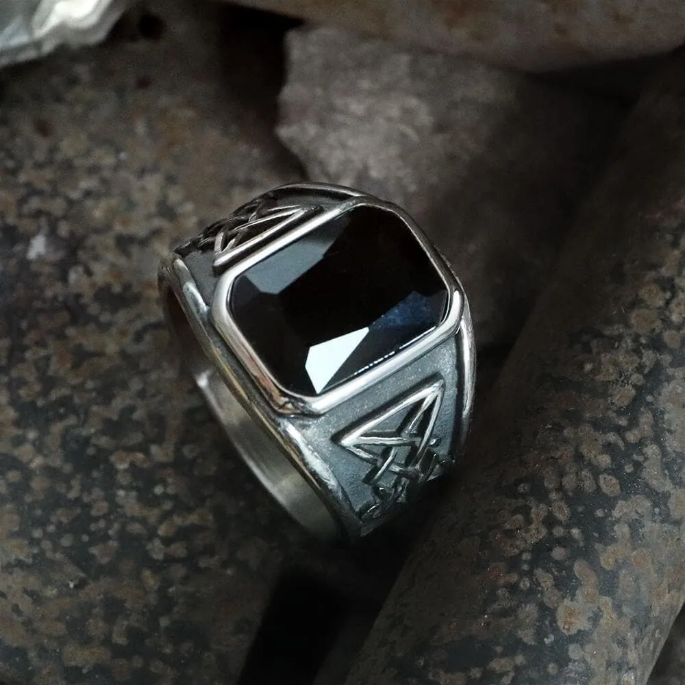 Lucifer Symbol Black Gem Stainless Steel Ring sold by GTHIC