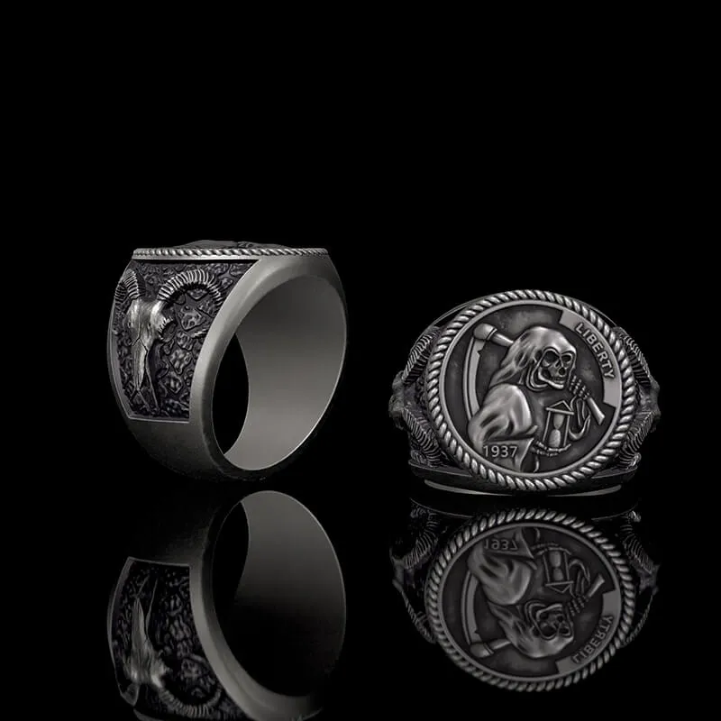 Hobo Nickel Grim Reaper Sterling Silver Skull Ring sold by GTHIC