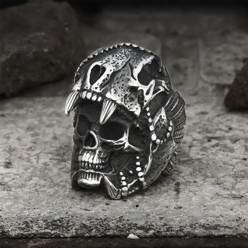 Aztec Jaguar Warrior Stainless Steel Skull Ring sold by GTHIC