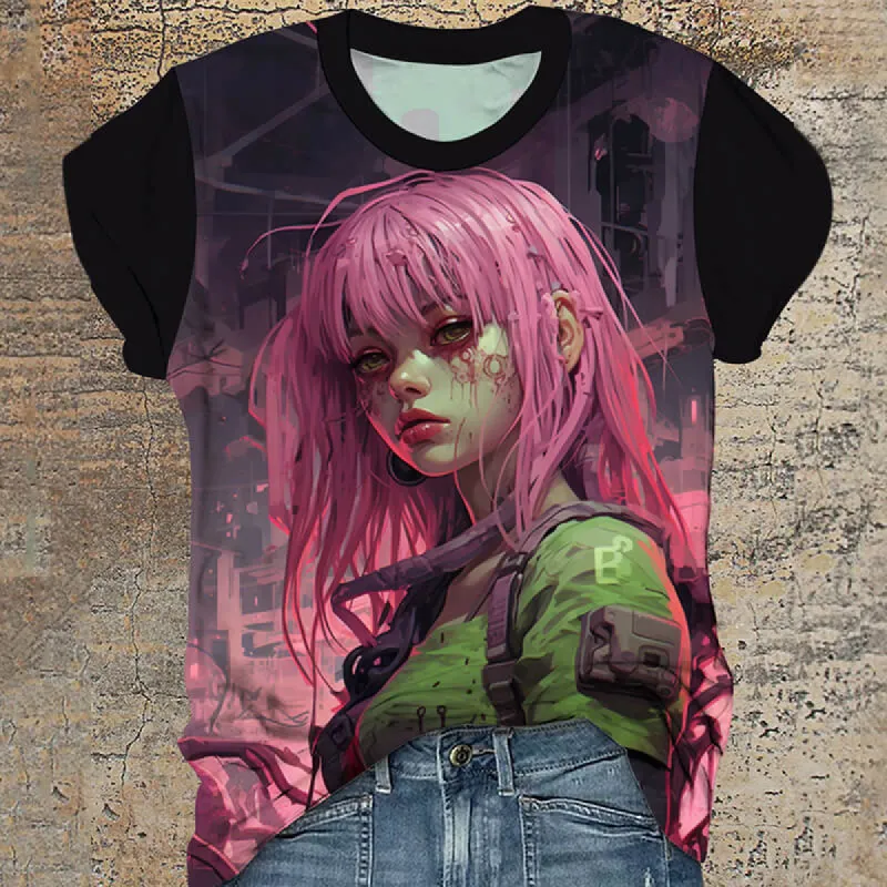 Cyberpunk Anime Girl Round Neck T-Shirt sold by GTHIC