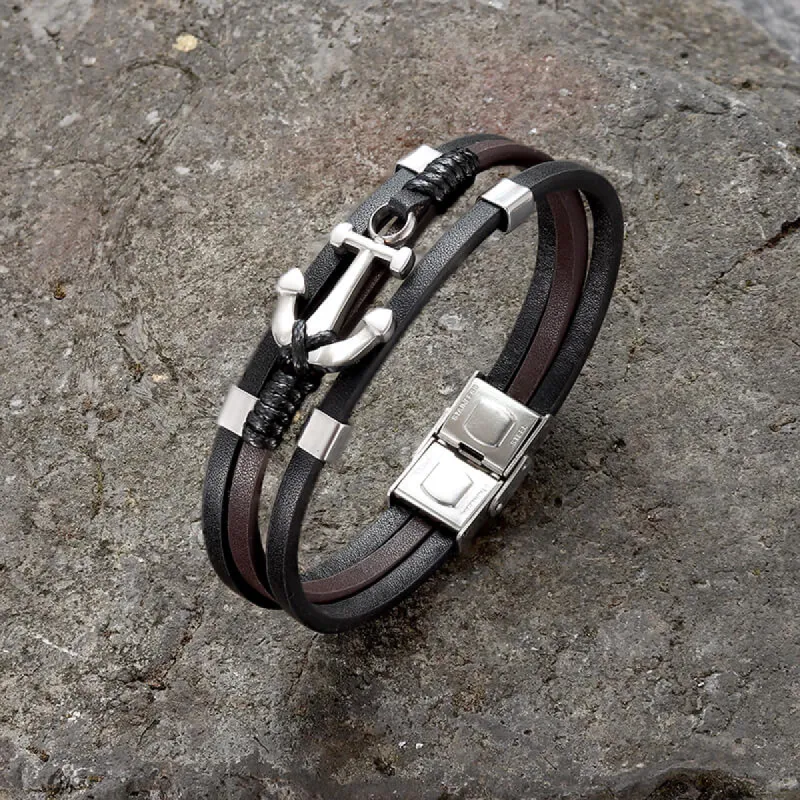 Vintage Multilayer Leather Anchor Stainless Steel Bracelet sold by GTHIC