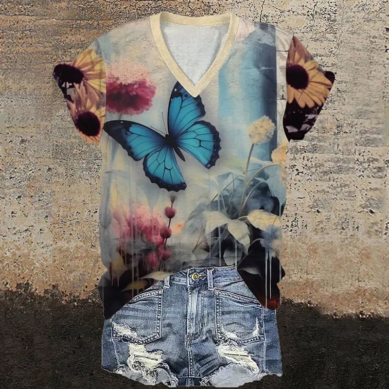 Blue Morpho Butterfly V-Neck Gothic T-Shirt sold by GTHIC