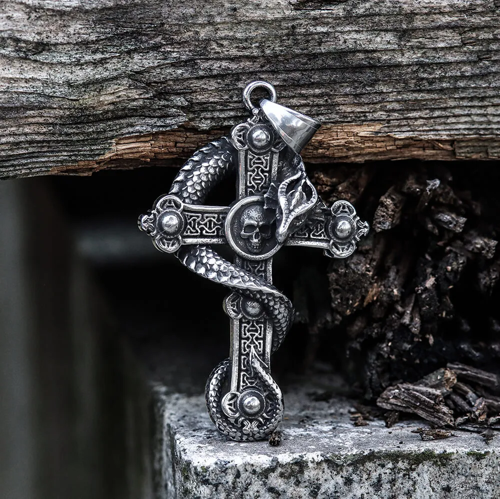 Budded Cross Dragon Stainless Steel Skull Pendant sold by GTHIC