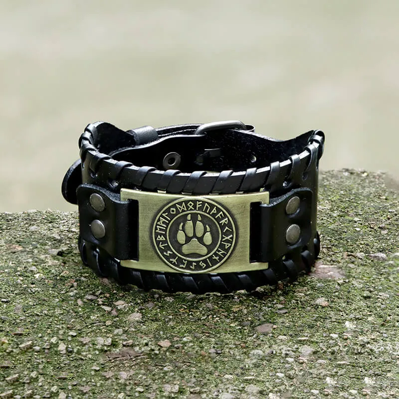 Nordic Wolf Paw Runes Leather Viking Bracelet sold by GTHIC