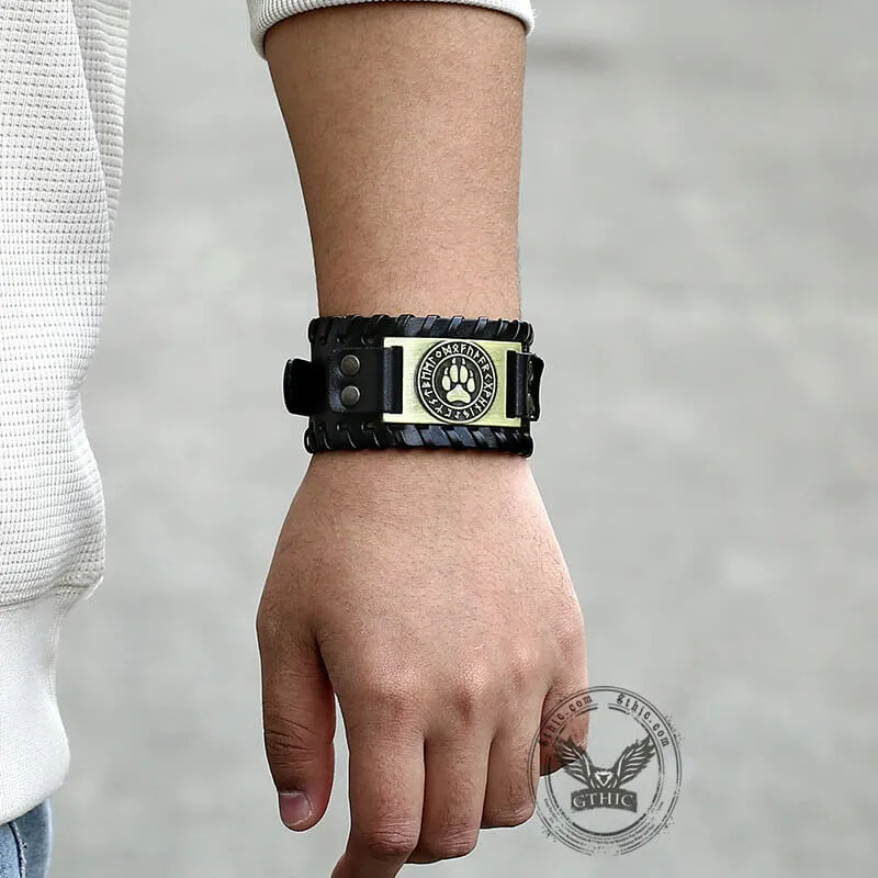 Nordic Wolf Paw Runes Leather Viking Bracelet sold by GTHIC product image thumbnail 2