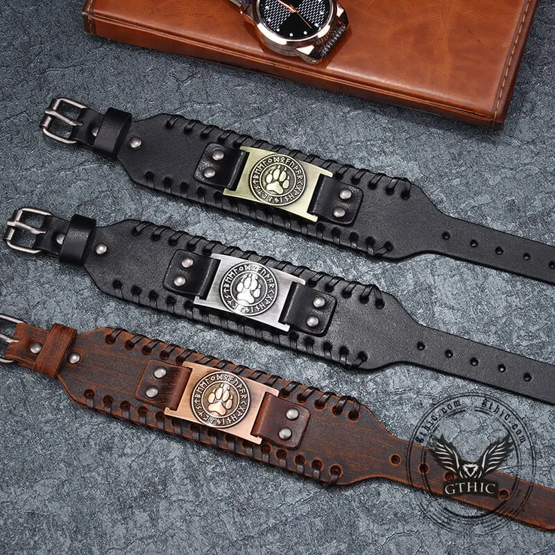 Nordic Wolf Paw Runes Leather Viking Bracelet sold by GTHIC product image thumbnail 5