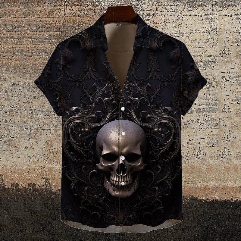 Gothic Pattern Skull Print Short Sleeve Shirt sold by GTHIC