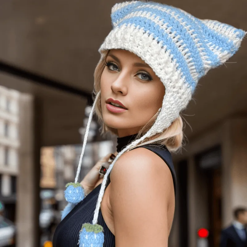 Two-Tone Striped Cat Ear Knitted Beanie Hat sold by GTHIC product image thumbnail 3