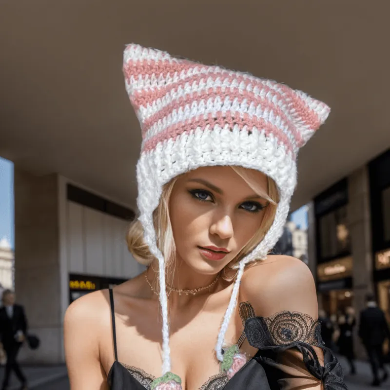 Two-Tone Striped Cat Ear Knitted Beanie Hat made by GTHIC