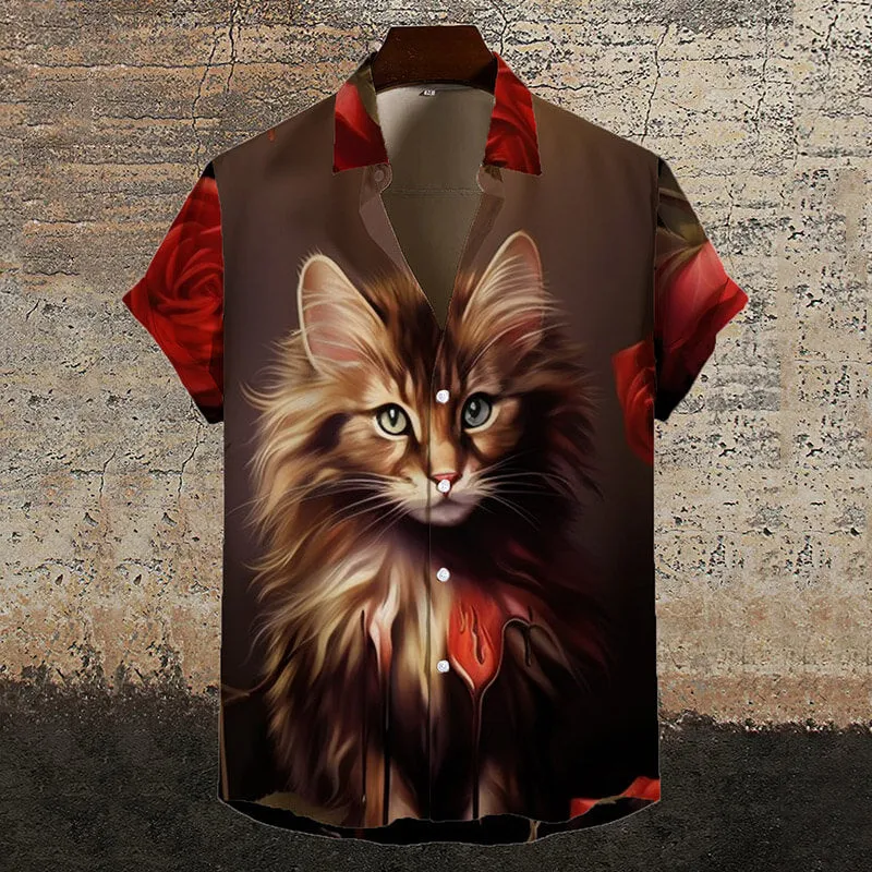 Gothic Cat Rose Print Short Sleeve Shirt sold by GTHIC