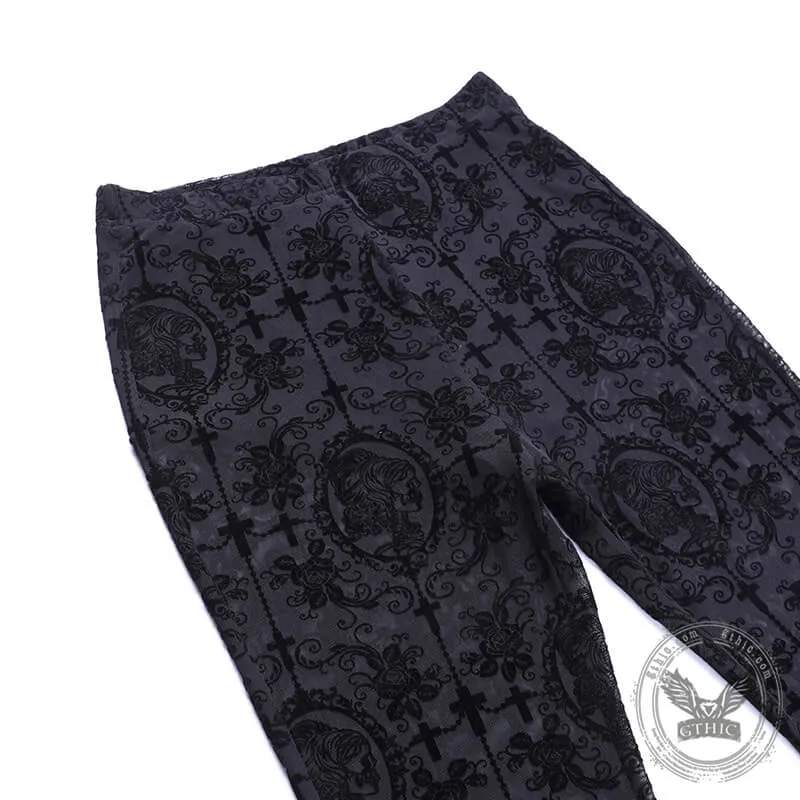 Black Sheer Lace Print High Waisted Flared Pants sold by GTHIC product image thumbnail 4
