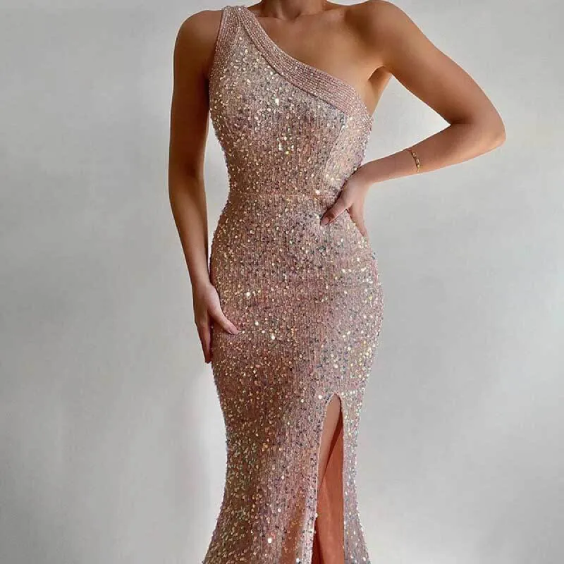 Pink Sparkly One Shoulder Sequin Dress sold by GTHIC