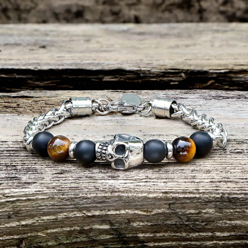 Vintage Skull Tiger Eye Stainless Steel Bracelet sold by GTHIC