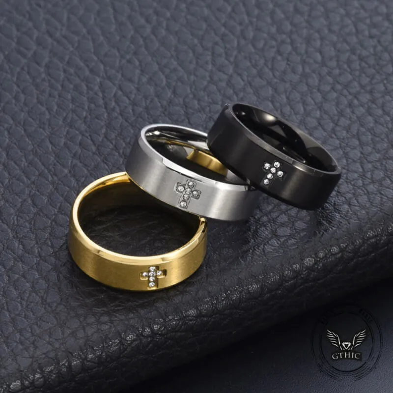 Simple Gemstone Cross Brushed Stainless Steel Ring sold by GTHIC