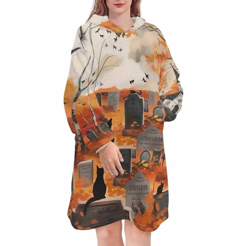 Halloween Black Cat Cemetery Print Blanket Hoodie sold by GTHIC