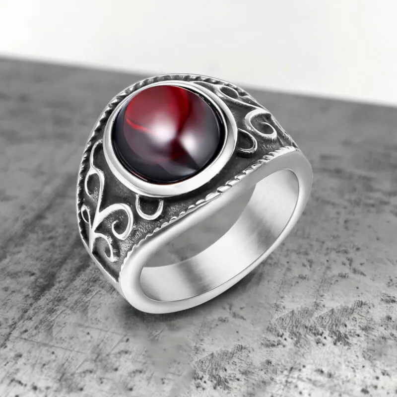 Vintage Engraved Flowers Ruby Stainless Steel Ring sold by GTHIC