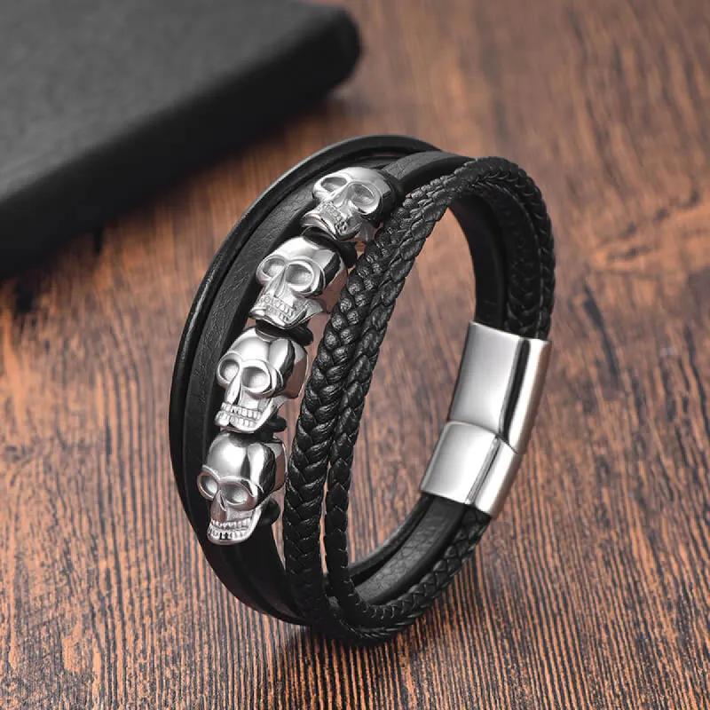 Punk Four Skulls Multi-Layer Braided Leather Bracelet sold by GTHIC