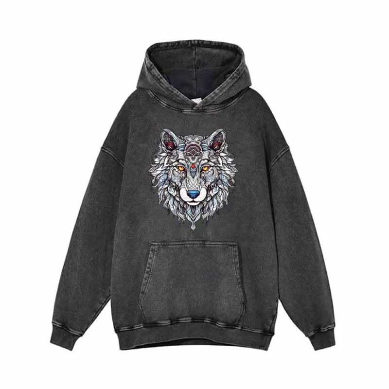 Wolf Head Print Vintage Washed Hoodie sold by GTHIC