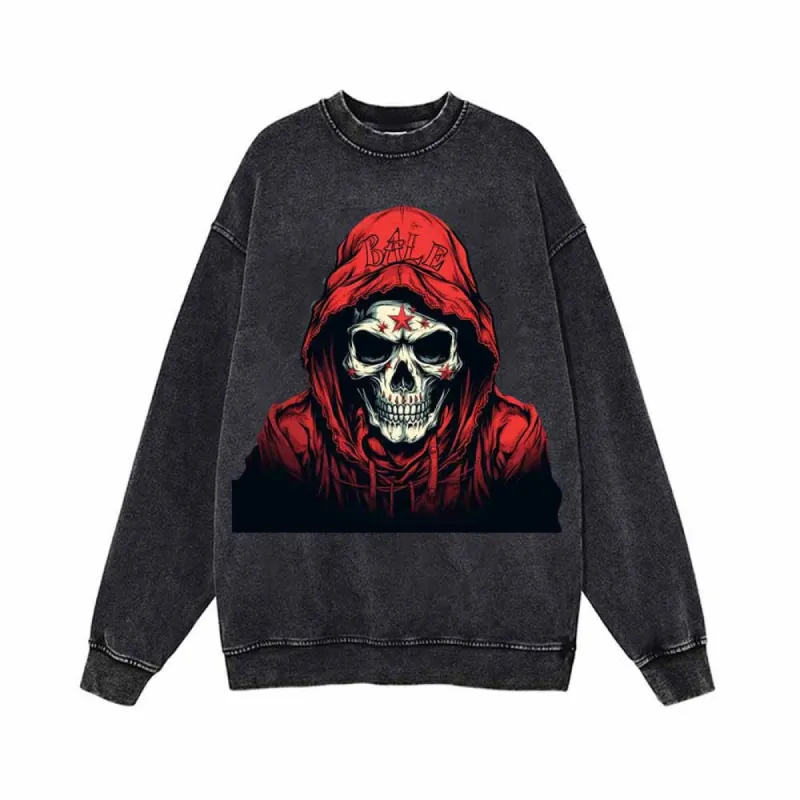 Red Hoodie Skeleton Pattern Vintage Washed Sweatshirt sold by GTHIC